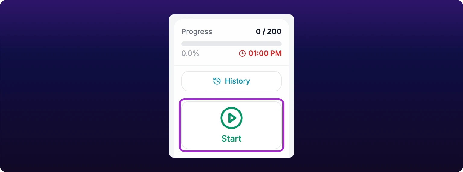 A cropped detail of the top of the job runner's left rail. A Progress header reads 0 / 200 above an empty progress bar, with 0.0% at the left and a red clock icon beside 01:00 PM at the right. Below sits a History button, and under it a tall bordered button carrying a large circled play icon over the word Start in green, ringed in violet.