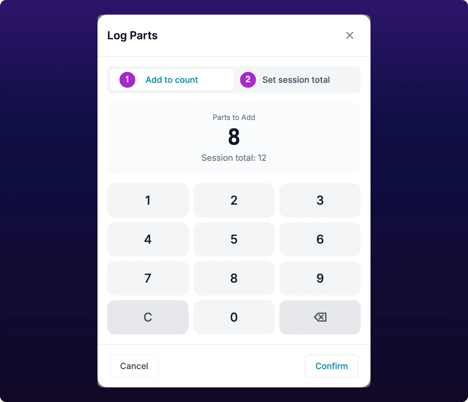 The Log Parts dialog. A two-segment control at the top carries Add to count on the left, selected and filled white, and Set session total on the right, with violet callout 1 in front of the first label and callout 2 in front of the second. Under it a recessed panel is headed Parts to Add over a large 8, with the line Session total: 12 beneath. A three-column keypad of the digits 1 to 9, a C, a 0 and a backspace fills the lower half, over a footer holding Cancel at the left and Confirm at the right.