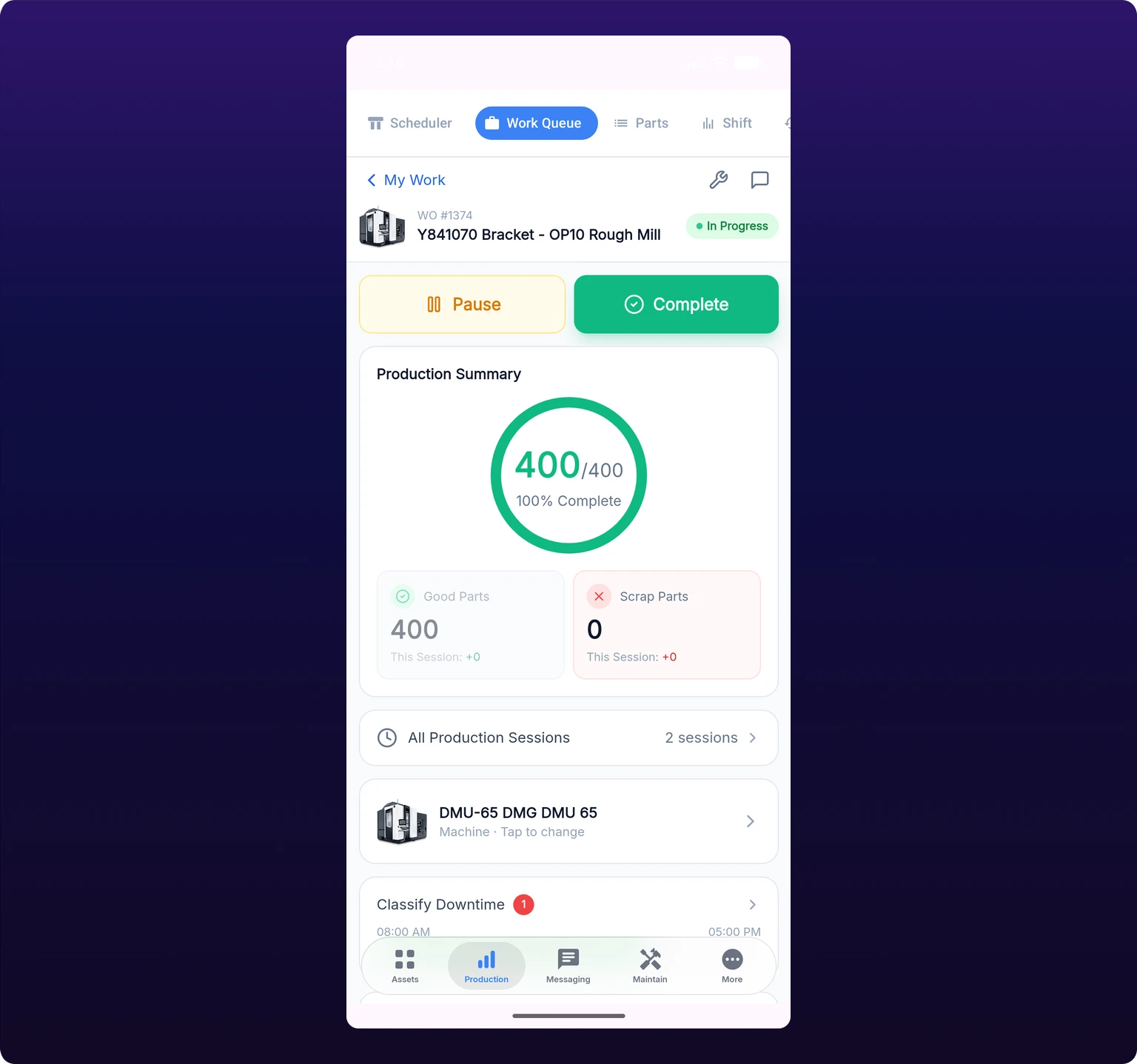 The job page on a phone. A header carries a back chevron labeled My Work, a wrench icon and a comments icon, then a part thumbnail beside WO #1043 and the title Bore and ream, with a green In Progress chip at the right. Below, an amber Pause button and a green Complete button sit side by side, ringed in violet. A Production Summary card follows, holding a circular progress ring reading 30 of 50, then Good Parts 30 and Scrap Parts 2 tiles, each carrying a This Session line. A This Session card with large minus and plus buttons around a 12 sits under it, then rows for All Production Sessions, the machine, and Classify Downtime.