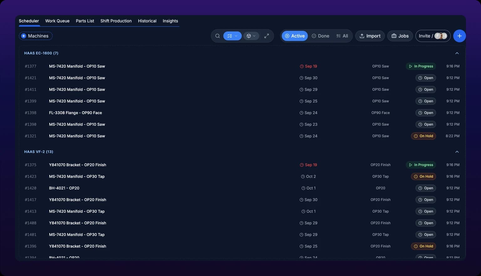 The Scheduler tab of the Production page, full width. A control bar across the top holds a search button, a view pill and a group-by pill, both drop-downs, a compact-mode toggle, a three-part status filter with Active selected, and on the right Import, Jobs, Invite and Create buttons. Below it, rows of work orders sit under collapsible machine headings reading HAAS EC-1600 with seven tasks and HAAS VF-2 with thirteen, each row carrying a work-order number, a title, a due date that turns red once it has passed, an operation name, a status chip and a time.