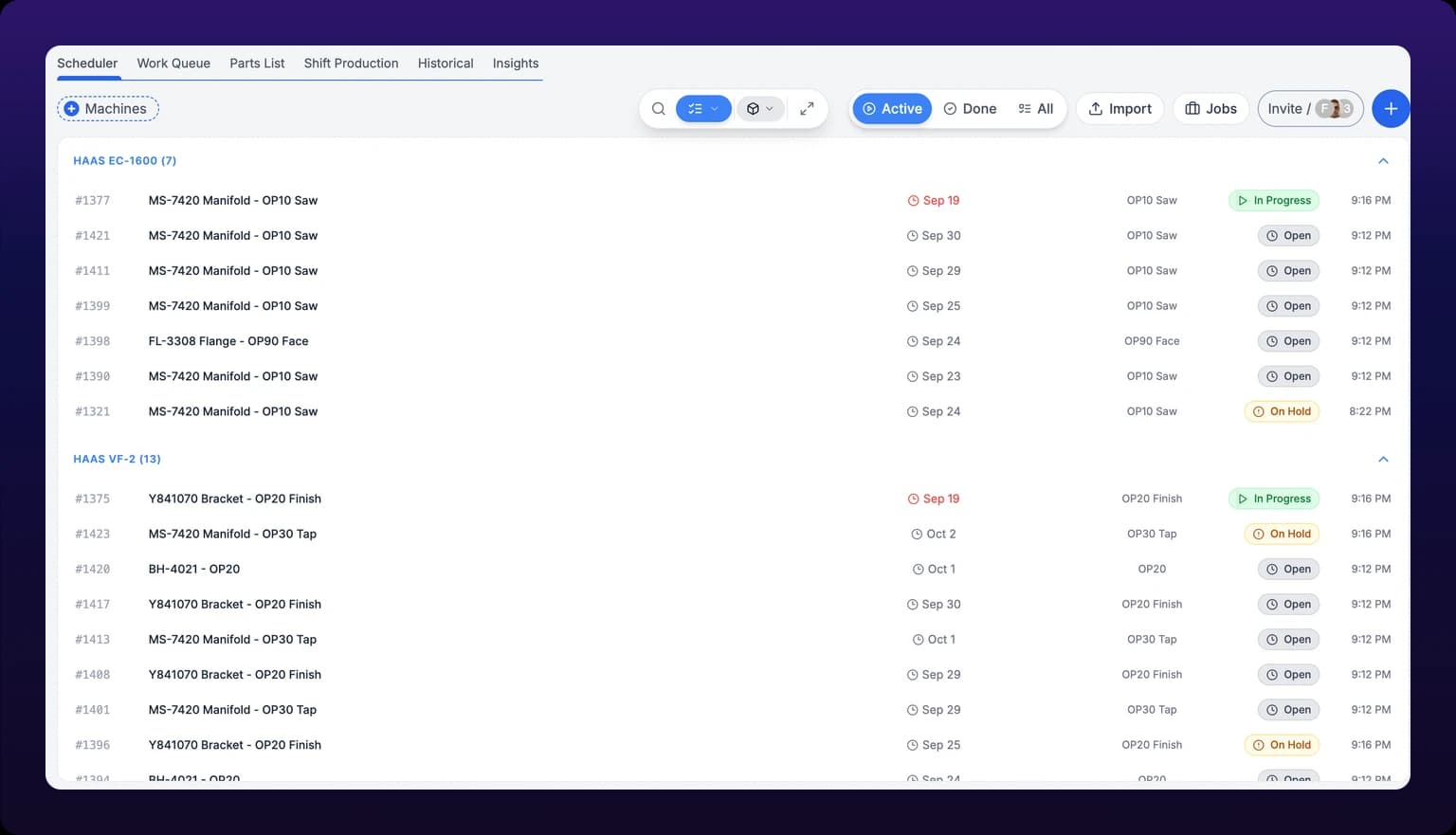 The Scheduler tab of the Production page, full width. A control bar across the top holds a search button, a view pill and a group-by pill, both drop-downs, a compact-mode toggle, a three-part status filter with Active selected, and on the right Import, Jobs, Invite and Create buttons. Below it, rows of work orders sit under collapsible machine headings reading HAAS EC-1600 with seven tasks and HAAS VF-2 with thirteen, each row carrying a work-order number, a title, a due date that turns red once it has passed, an operation name, a status chip and a time.