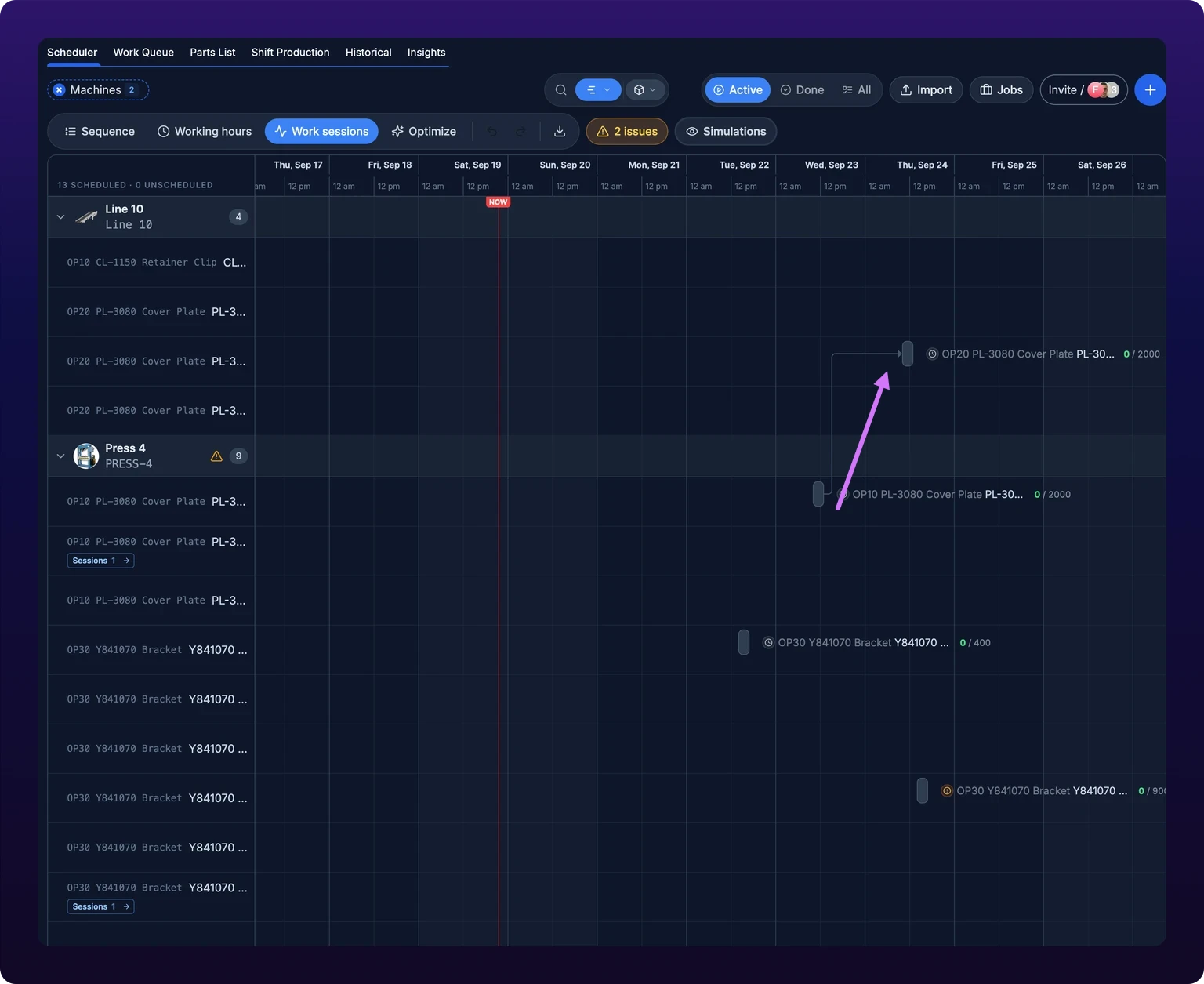 The scheduler in Gantt view, full width, with the machine filter set to two machines. A left rail lists the Line 10 and Press 4 lanes, each with a name, a machine identifier and a task count, and one row per task beneath it. The plot to the right shows task bars under a two-tier date header running Thursday 17 to Saturday 26 September, with a red NOW line through Saturday 19. A grey connector elbows from the OP10 PL-3080 Cover Plate bar on Press 4 up to the OP20 bar on Line 10, and a violet arrow traces it. A toolbar above the chart holds Sequence, Working hours, Work sessions and Optimize pills, an issue count and Simulations.