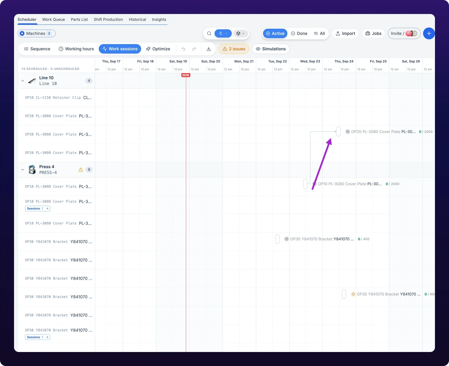 The scheduler in Gantt view, full width, with the machine filter set to two machines. A left rail lists the Line 10 and Press 4 lanes, each with a name, a machine identifier and a task count, and one row per task beneath it. The plot to the right shows task bars under a two-tier date header running Thursday 17 to Saturday 26 September, with a red NOW line through Saturday 19. A grey connector elbows from the OP10 PL-3080 Cover Plate bar on Press 4 up to the OP20 bar on Line 10, and a violet arrow traces it. A toolbar above the chart holds Sequence, Working hours, Work sessions and Optimize pills, an issue count and Simulations.