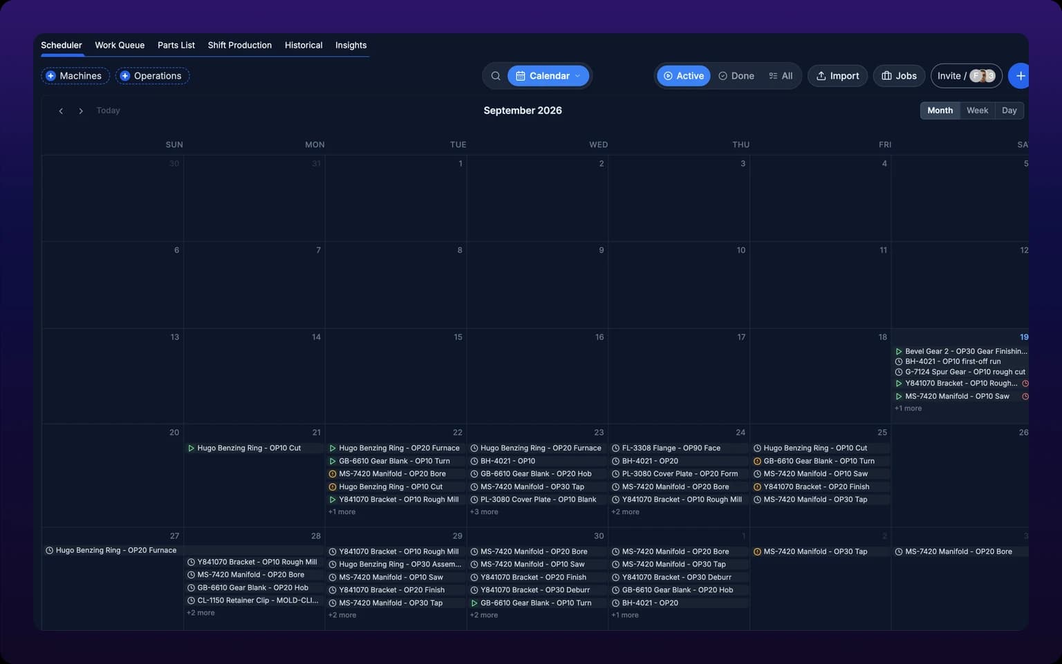The scheduler in Calendar view, full width, showing the September 2026 month grid with a Today button, back and forward arrows and a Month, Week, Day switch. The first two weeks are empty and the last two carry a stack of task entries on each weekday, each a single line with a status icon and the task title, and a plus-three-more link where a day holds more than five. The control bar above shows Machines and Operations filter pills and no group-by pill.