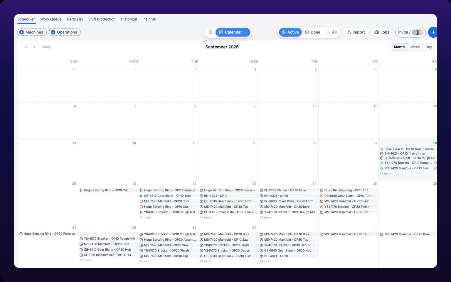 The scheduler in Calendar view, full width, showing the September 2026 month grid with a Today button, back and forward arrows and a Month, Week, Day switch. The first two weeks are empty and the last two carry a stack of task entries on each weekday, each a single line with a status icon and the task title, and a plus-three-more link where a day holds more than five. The control bar above shows Machines and Operations filter pills and no group-by pill.