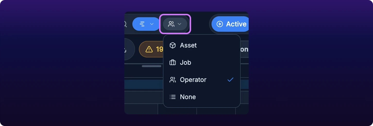 A cropped detail of the scheduler control bar. The group-by pill, an icon-and-chevron drop-down, is ringed in violet, and its open menu lists Asset, Job, Operator and None with a blue tick beside Operator. The view pill sits to its left, filled blue.