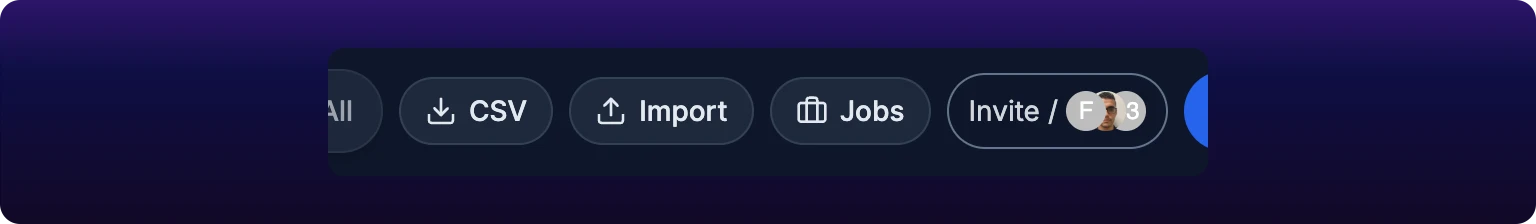 A cropped detail of the right end of the scheduler control bar in Table view, showing a bordered pill button with a download icon labeled CSV, next to Import, Jobs and Invite buttons.