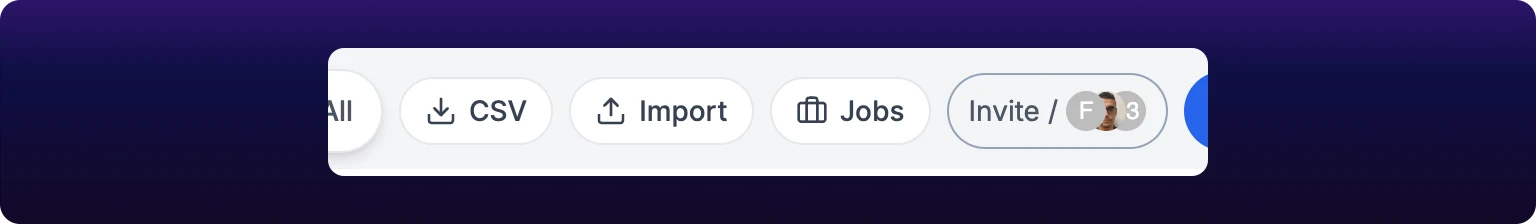 A cropped detail of the right end of the scheduler control bar in Table view, showing a bordered pill button with a download icon labeled CSV, next to Import, Jobs and Invite buttons.