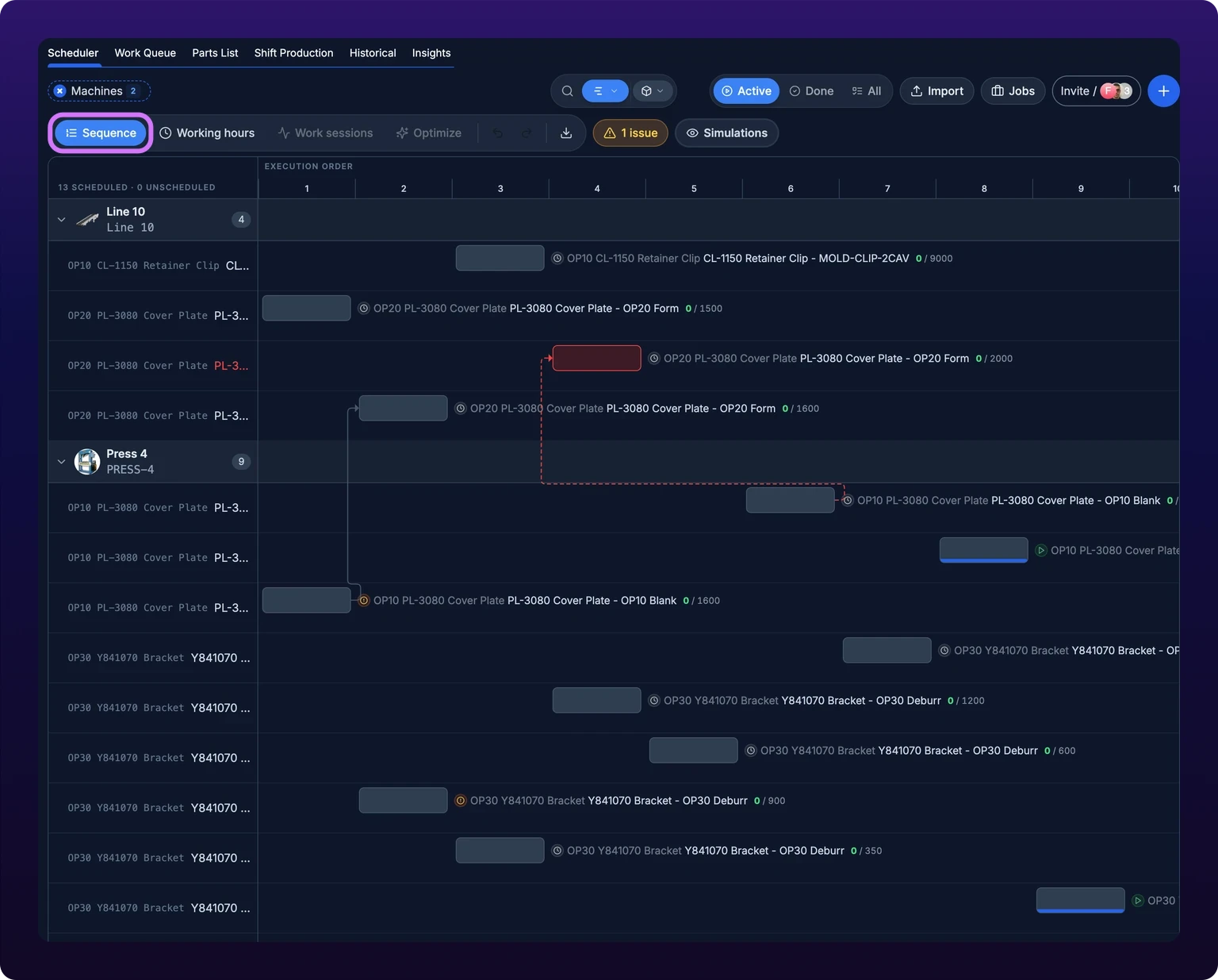 A Gantt board with the Sequence pill filled blue in the toolbar and ringed in violet. The header above the plot reads EXECUTION ORDER over numbered columns one to ten instead of dates, and every bar is the same width, placed in the column matching its position in the run order. The Work sessions and Optimize pills beside the Sequence pill are dimmed, as is the zoom bar. One bar is drawn in red with a dashed red link running to the task that depends on it.
