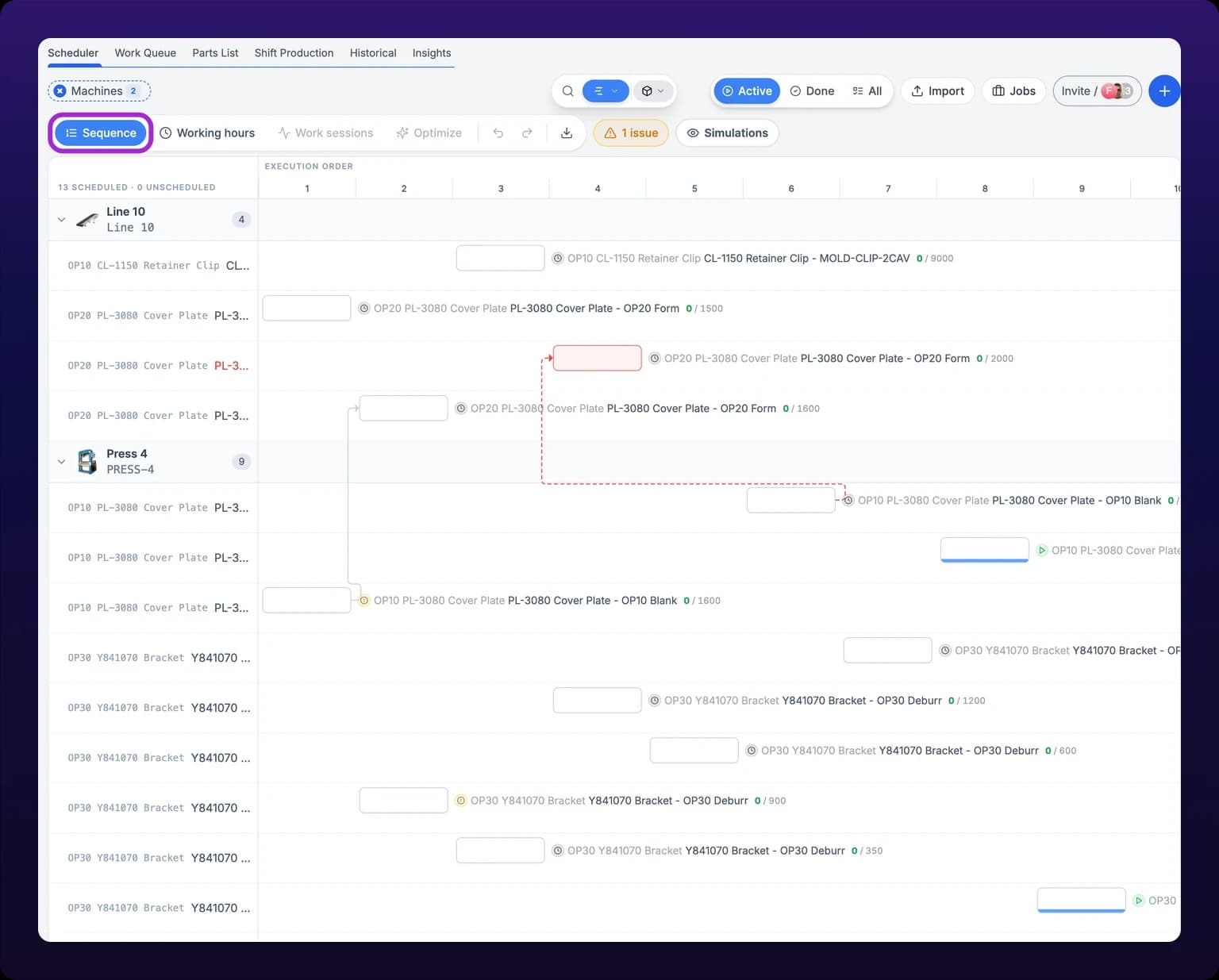 A Gantt board with the Sequence pill filled blue in the toolbar and ringed in violet. The header above the plot reads EXECUTION ORDER over numbered columns one to ten instead of dates, and every bar is the same width, placed in the column matching its position in the run order. The Work sessions and Optimize pills beside the Sequence pill are dimmed, as is the zoom bar. One bar is drawn in red with a dashed red link running to the task that depends on it.