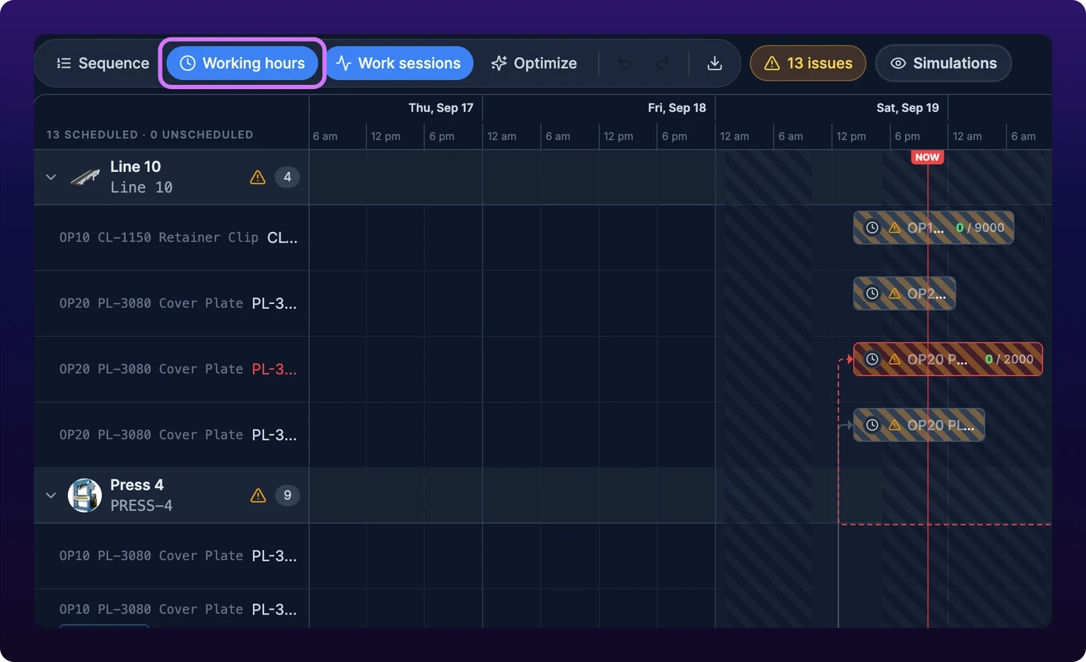 A cropped detail of the Gantt toolbar and the top of the chart. The Working hours pill, carrying a clock icon, is filled blue and ringed in violet, with the Sequence pill beside it inactive and Work sessions active. The plot below lays diagonal hatching over every off-shift stretch, and the task bars sitting inside those stretches carry the same hatch and a warning triangle. The issue count beside the pills reads 13 issues.