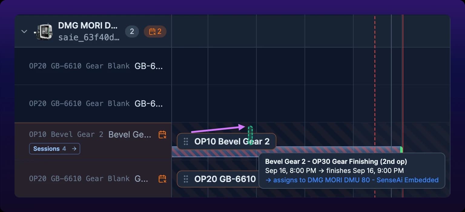 The left portion of a Gantt board grouped by asset. The DMG MORI DMU 80 lane header carries a badge of a crossed-out calendar and the number 2, and the two amber-tinted rows below it end in that same crossed-out calendar icon where a date would be. Each of those rows carries a small chip pinned just right of the left rail, with a grip handle and the operation name. A violet arrow runs from the upper chip rightwards onto the chart, to a green dashed ghost bar marking the drop point, and a card beneath it reads Sep 16, 8:00 PM, finishes Sep 16, 9:00 PM, assigns to DMG MORI DMU 80 - SenseAi Embedded.