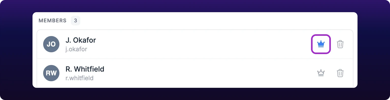 A cropped detail of the MEMBERS section of the board members dialog, headed MEMBERS with a count of 3, showing the first two of its rows. The upper row's crown icon is filled solid blue, marking that person as a board owner, with a violet highlight ring drawn around it; the lower row's crown is a gray outline. Both rows also carry a trash icon at the far right.