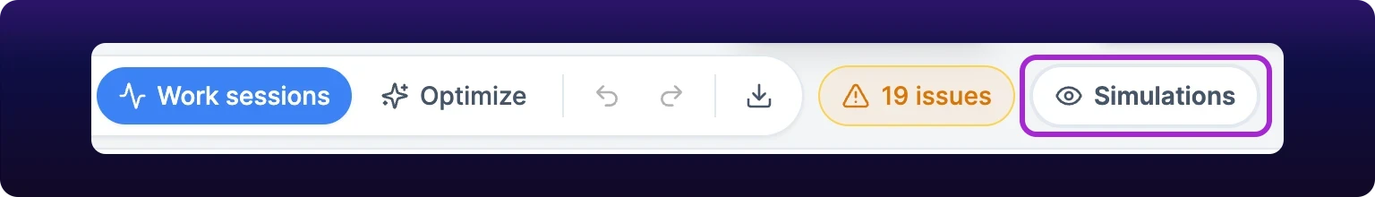 A cropped detail of the right-hand end of the Gantt control row. After the Work sessions and Optimize pills and the undo, redo and download icons sits an amber issues pill reading 19 issues, and to its right, ringed in violet, an outlined pill carrying an eye icon and the word Simulations.