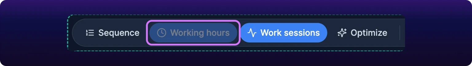 A cropped detail of the left end of the Gantt toolbar inside a Simulation, the Simulation's dashed teal outline running down the left edge. The Working hours pill, carrying a clock icon, is filled and dimmed at the same time and ringed in violet, unlike the fully saturated Work sessions pill beside it. The Sequence and Optimize pills are inactive.