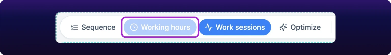 A cropped detail of the left end of the Gantt toolbar inside a Simulation, the Simulation's dashed teal outline running down the left edge. The Working hours pill, carrying a clock icon, is filled and dimmed at the same time and ringed in violet, unlike the fully saturated Work sessions pill beside it. The Sequence and Optimize pills are inactive.