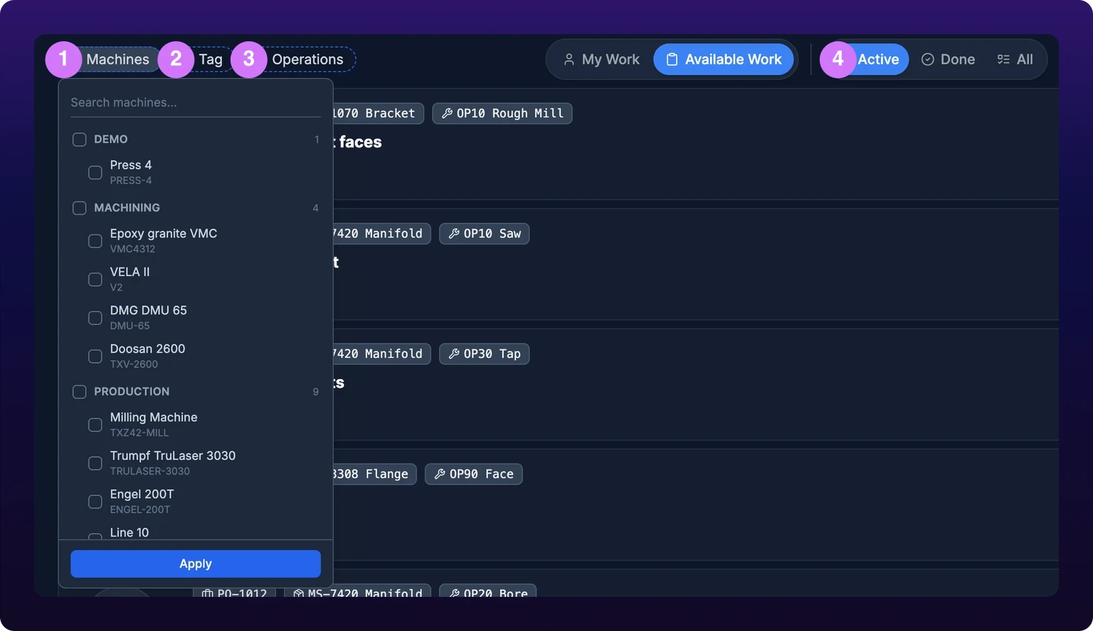 The top row of the Work Queue with four numbered violet callouts. Callout 1 marks the Machines button, open on a panel with a Search machines box at the top, then the departments Demo, Machining and Production, each carrying a count and listing its machines with a checkbox, a name and an identifier beneath it, and a full-width blue Apply button pinned to the bottom. Callout 2 marks the Tag button and callout 3 the Operations button, both closed. Callout 4 marks the three-segment Active, Done, All control to the right of the scope toggle, with Active filled blue.