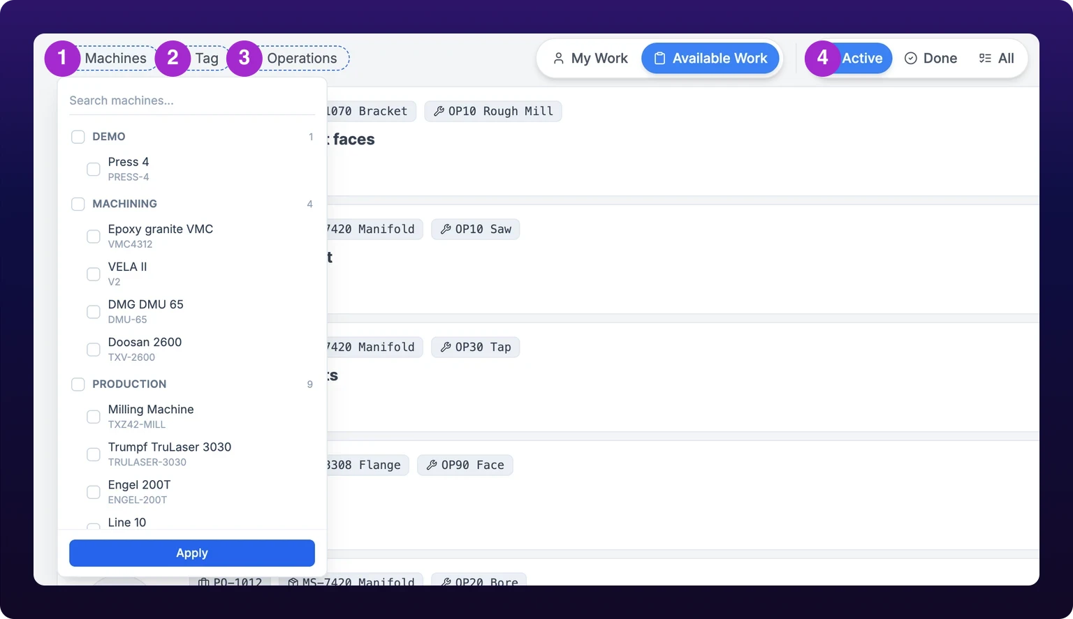 The top row of the Work Queue with four numbered violet callouts. Callout 1 marks the Machines button, open on a panel with a Search machines box at the top, then the departments Demo, Machining and Production, each carrying a count and listing its machines with a checkbox, a name and an identifier beneath it, and a full-width blue Apply button pinned to the bottom. Callout 2 marks the Tag button and callout 3 the Operations button, both closed. Callout 4 marks the three-segment Active, Done, All control to the right of the scope toggle, with Active filled blue.