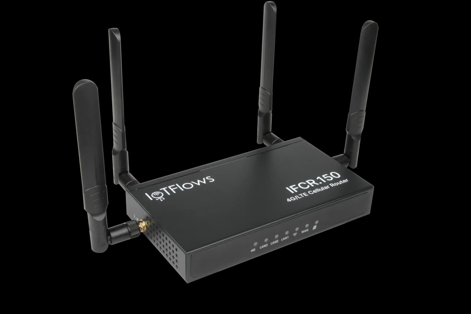 A product render of the IFCR-150 4G/LTE cellular router, a flat black box with four external antennas and a front panel of labeled indicator lights reading 4G, LAN3, LAN2, LAN1, Wi-Fi, WAN and power