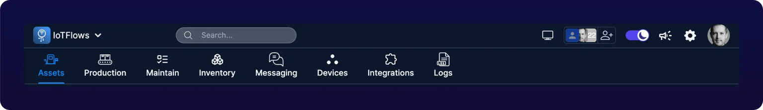 The dashboard tab row showing Assets, Production, Maintain, Inventory, Messaging, Devices, Integrations and Logs