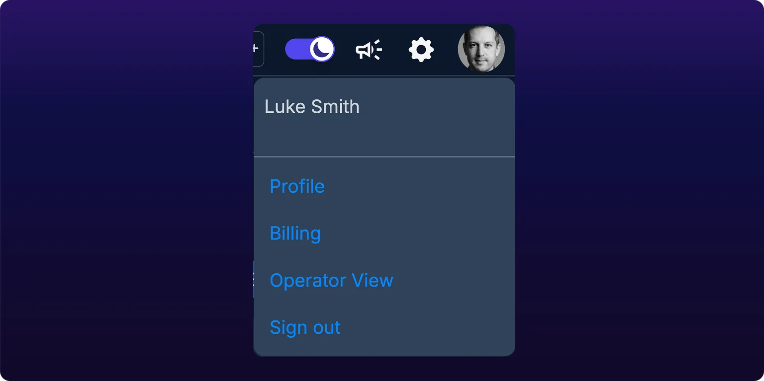 The profile menu expanded, listing Profile, Billing, Operator View and Sign out