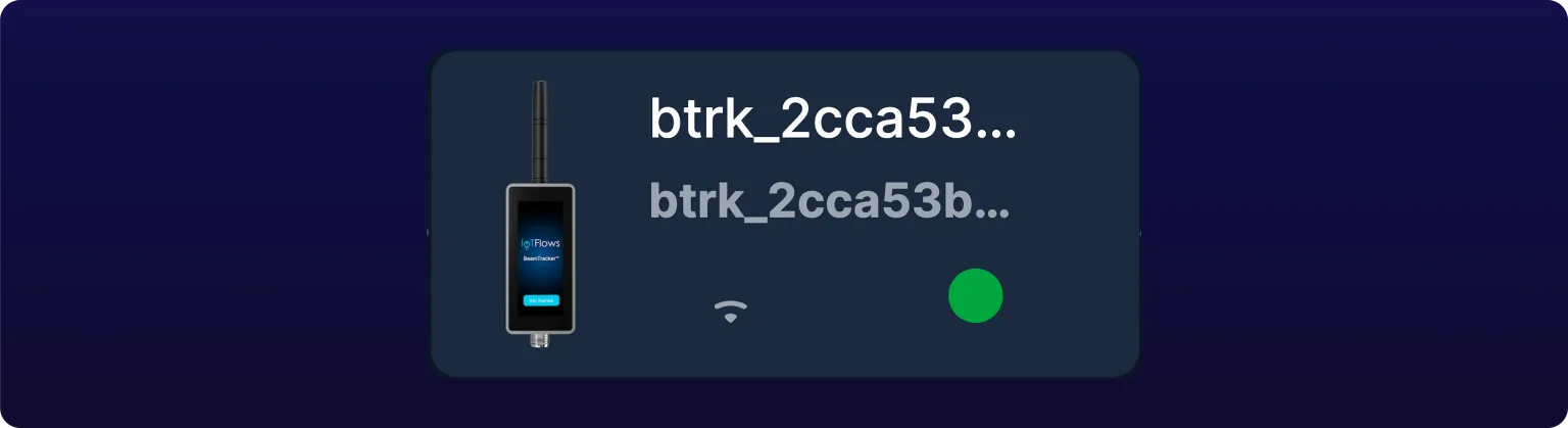 A single BeamTracker sensor card enlarged. Below the device name and its id sit the card's two indicators: a Wi-Fi icon showing one arc, and a filled green dot.