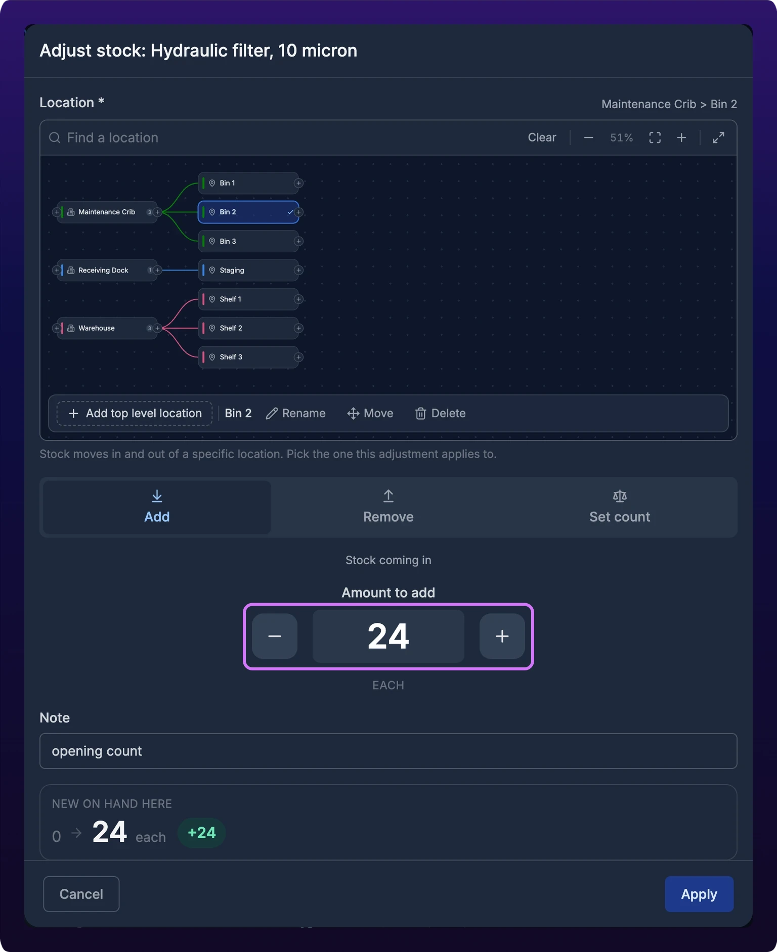 The Adjust stock dialog in Add mode, with the quantity stepper highlighted and the new on hand total below it