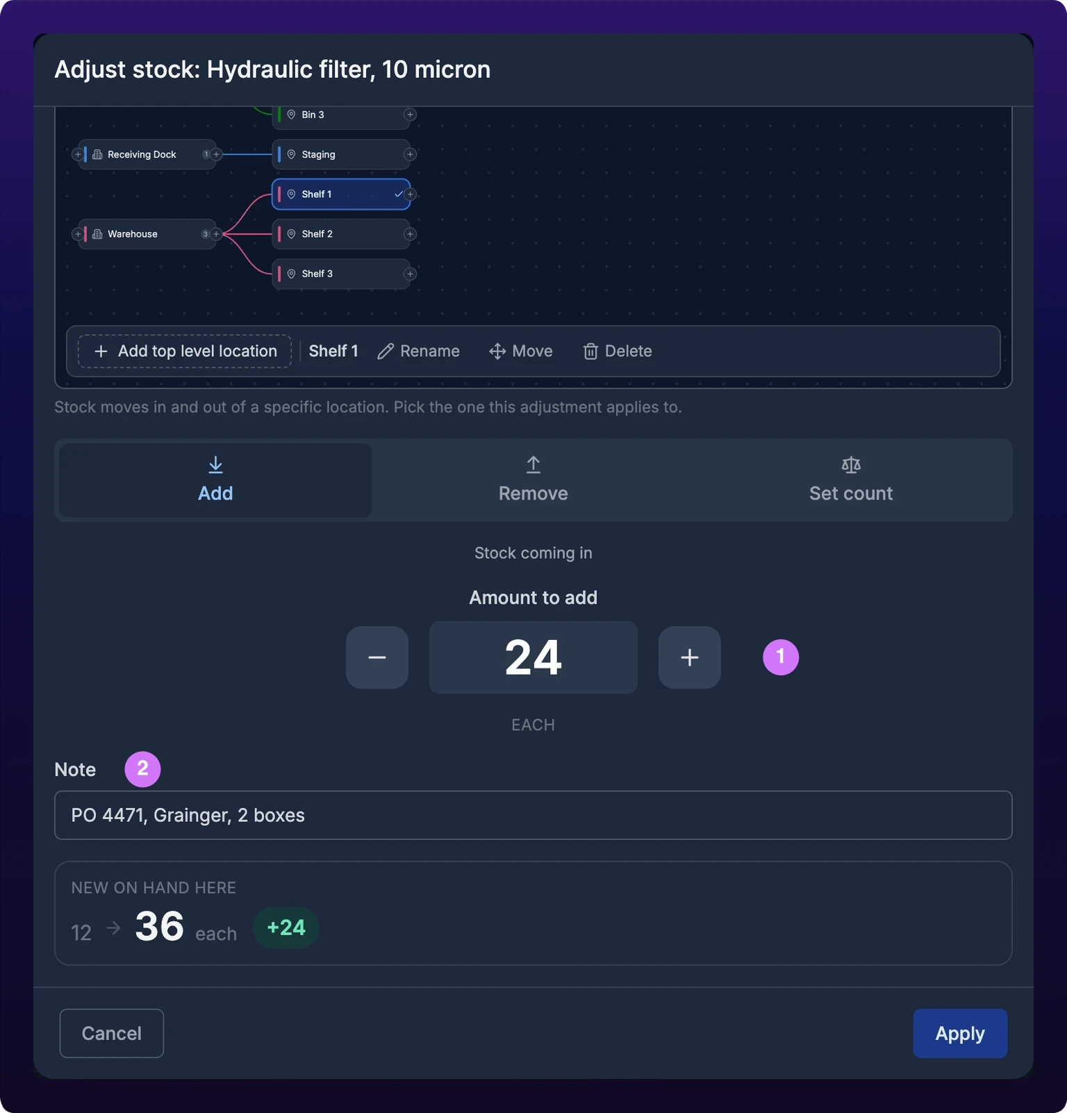 The Adjust stock modal set to Add, with a location, a quantity of 24, a note, and a preview reading 12 to 36
