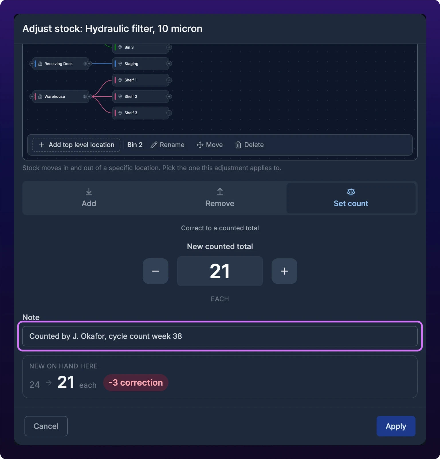 The Adjust stock modal set to Set count, with the counted total entered, a note naming the counter, and a correction pill