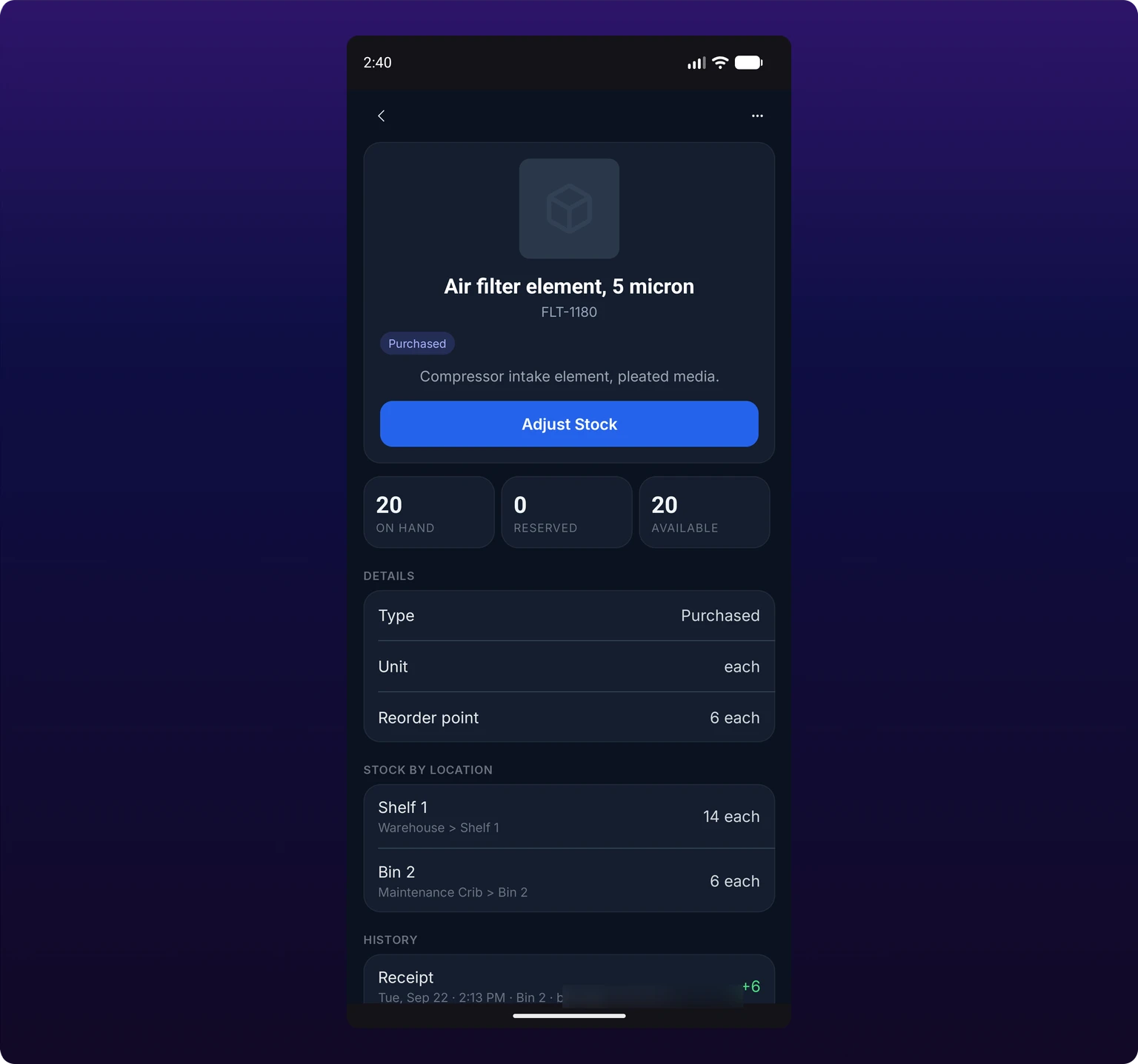 An item's stock by location on the iOS app, listing each location with its quantity