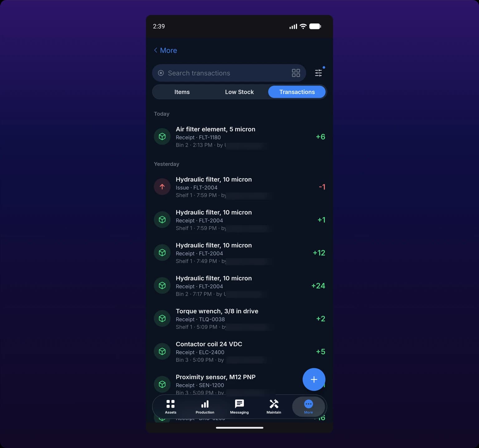 The Transactions segment of the Inventory screen in the mobile app, showing stacked ledger entries grouped by day, each with a type badge, location, timestamp and a signed change