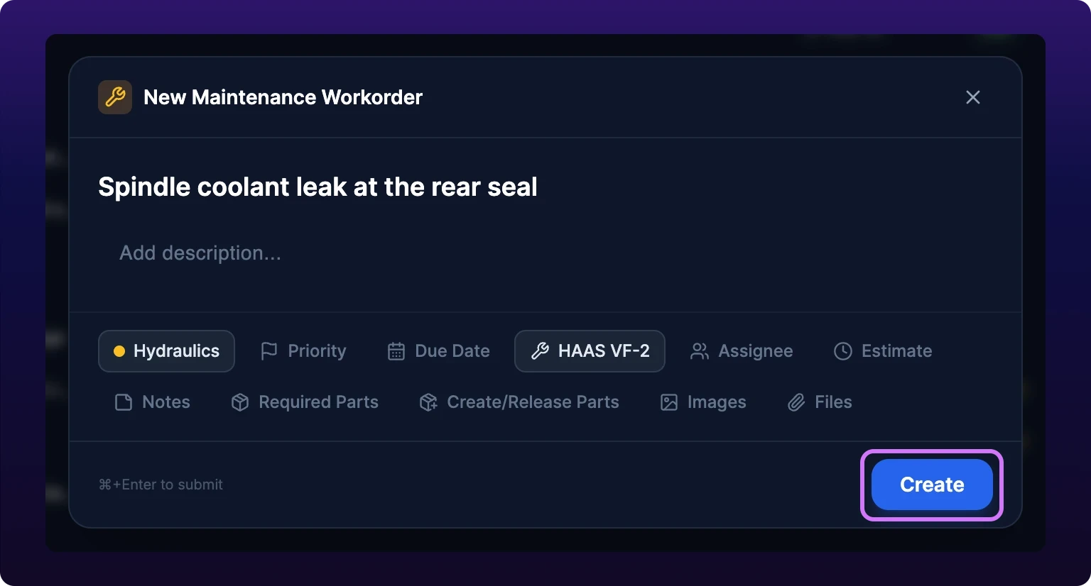The New Maintenance Workorder modal with a title typed, a row of property chips below it, and the Create button at the bottom right