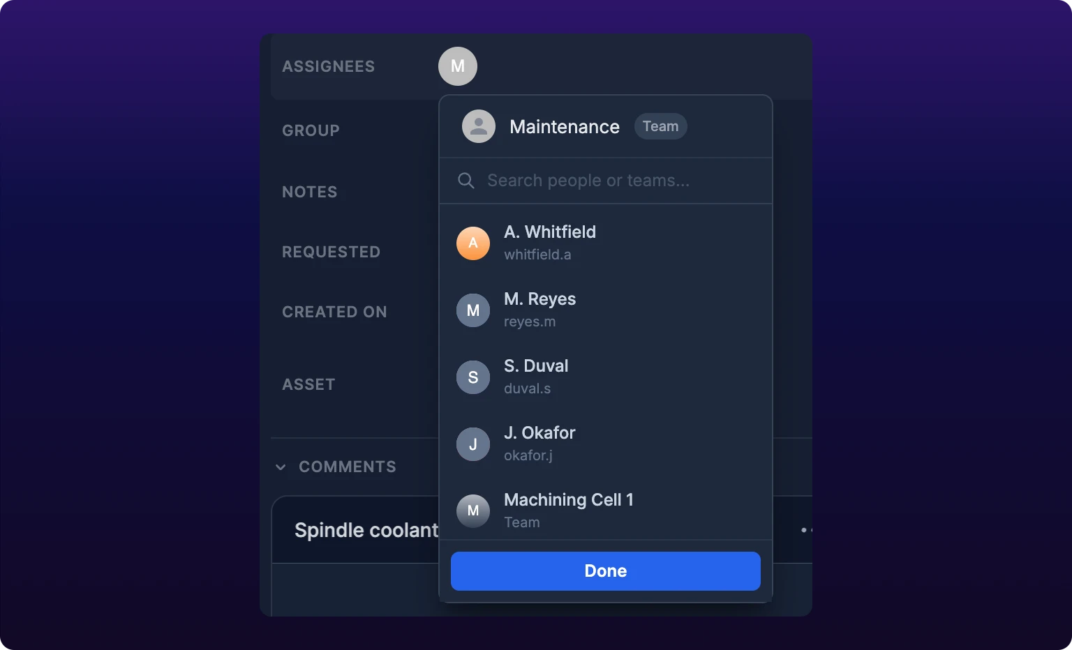 The Assignees control in the work-order drawer with its dropdown open, listing people and teams with avatars