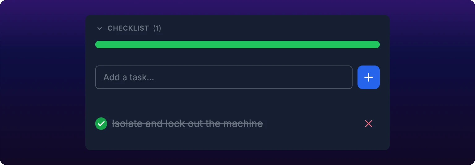 The Checklist section of the drawer with one item struck through and ticked, and a full green progress bar above it
