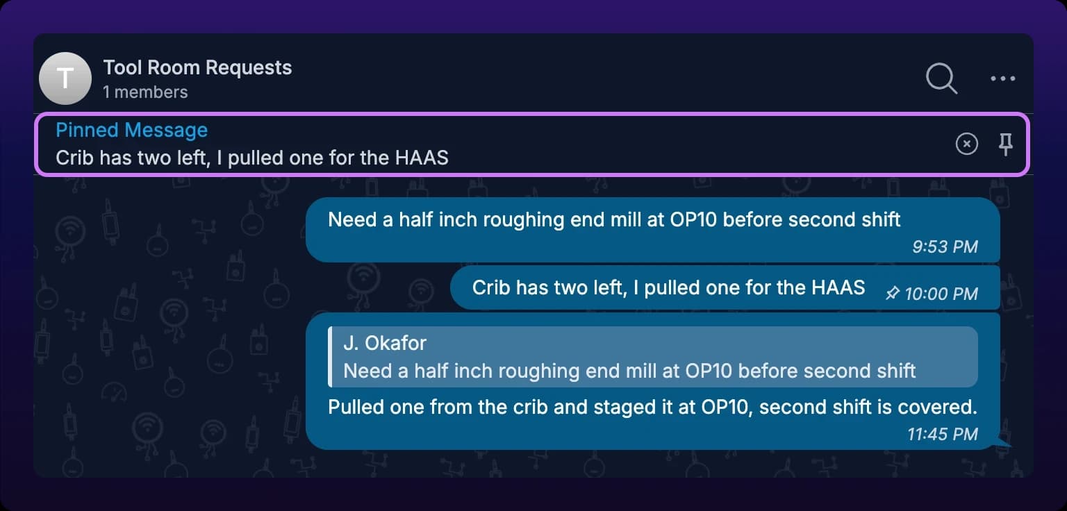A chat thread with a banner under the header reading Pinned Message over a single truncated line of the pinned message, with an X and a pin icon at its right. The banner is highlighted