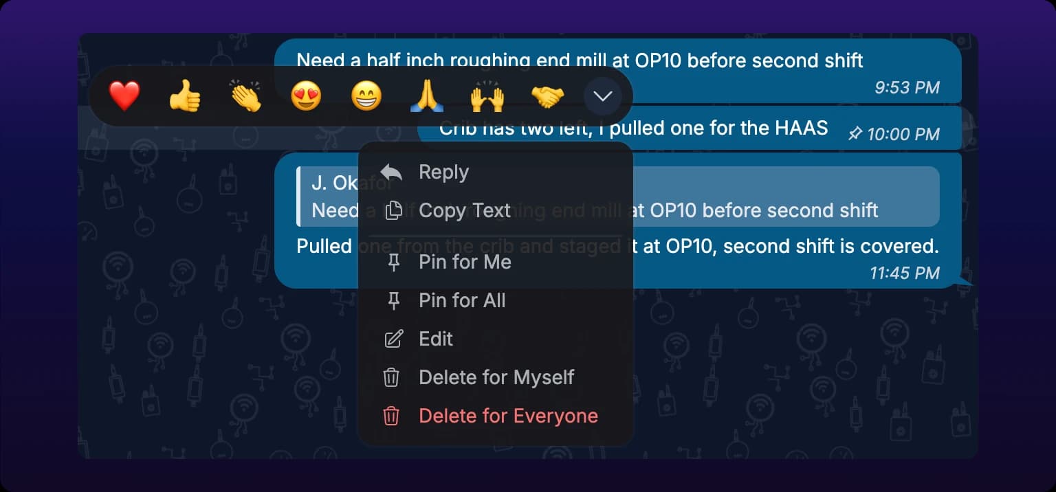 A rounded row of eight emoji floating above an open message menu in a chat thread, ending in a chevron button that opens the full emoji picker