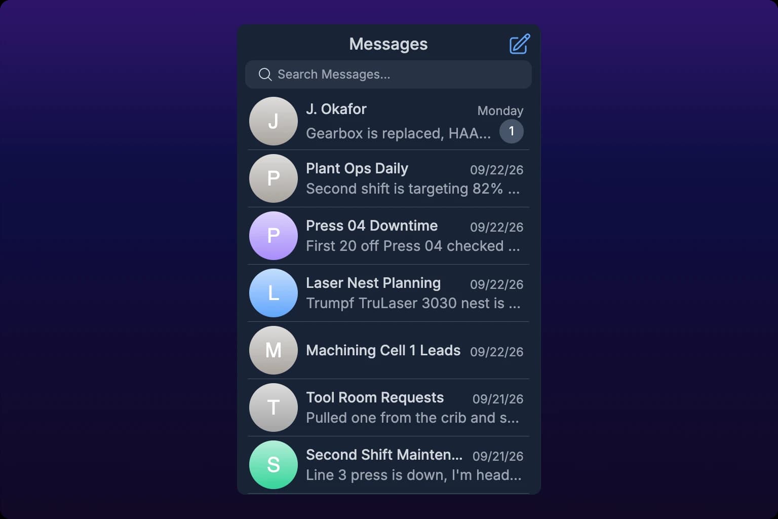 The chat list at /chats showing seven chats, the top row carrying an unread count of 1, with the compose button beside the Messages heading