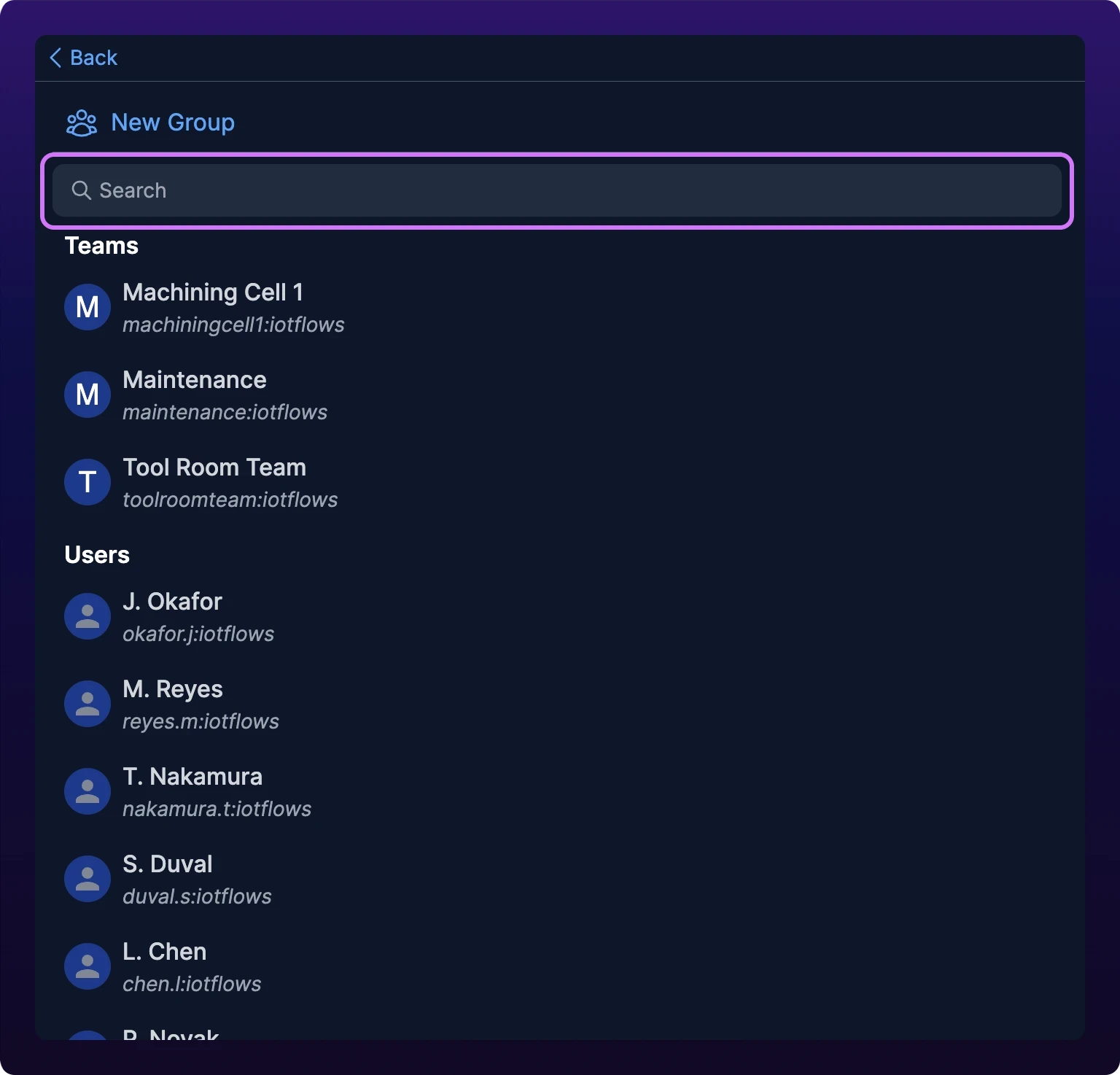The new-chat panel with the Search field highlighted and the Teams and Users lists below it