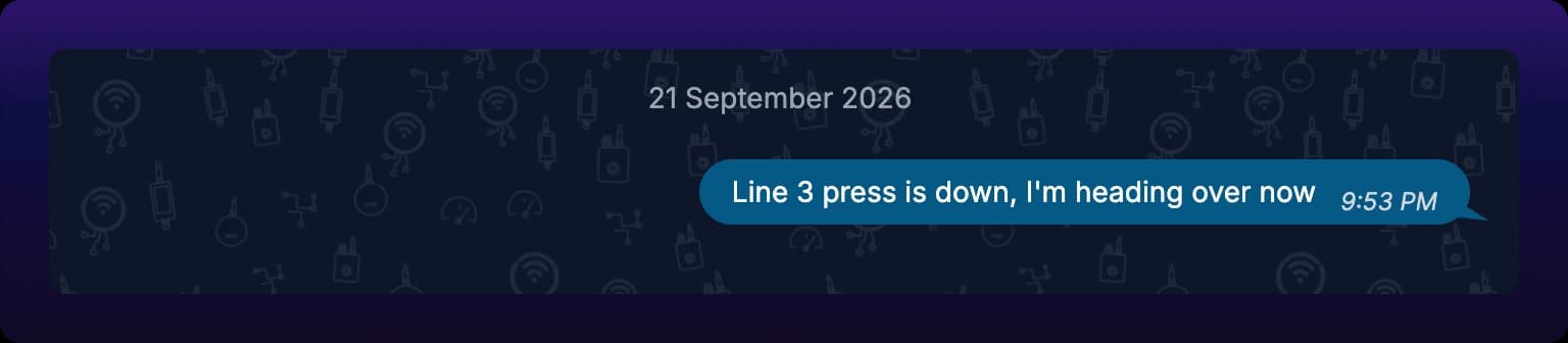 A single sent message bubble at the bottom of an otherwise empty thread, showing the message text and the time it was sent