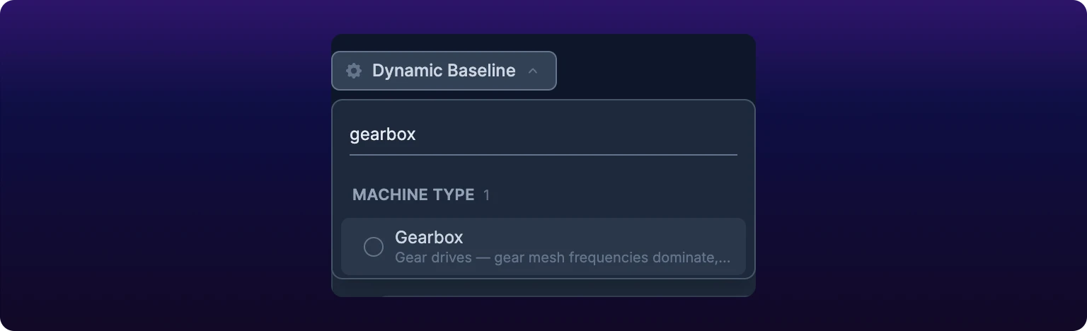 A cropped detail of the profile dropdown with the word gearbox typed into the search box. The Adaptive and ISO groups are gone and only the Machine Type group remains, showing one option, Gearbox, with the description Gear drives, gear mesh frequencies dominate, sidebands indicate wear