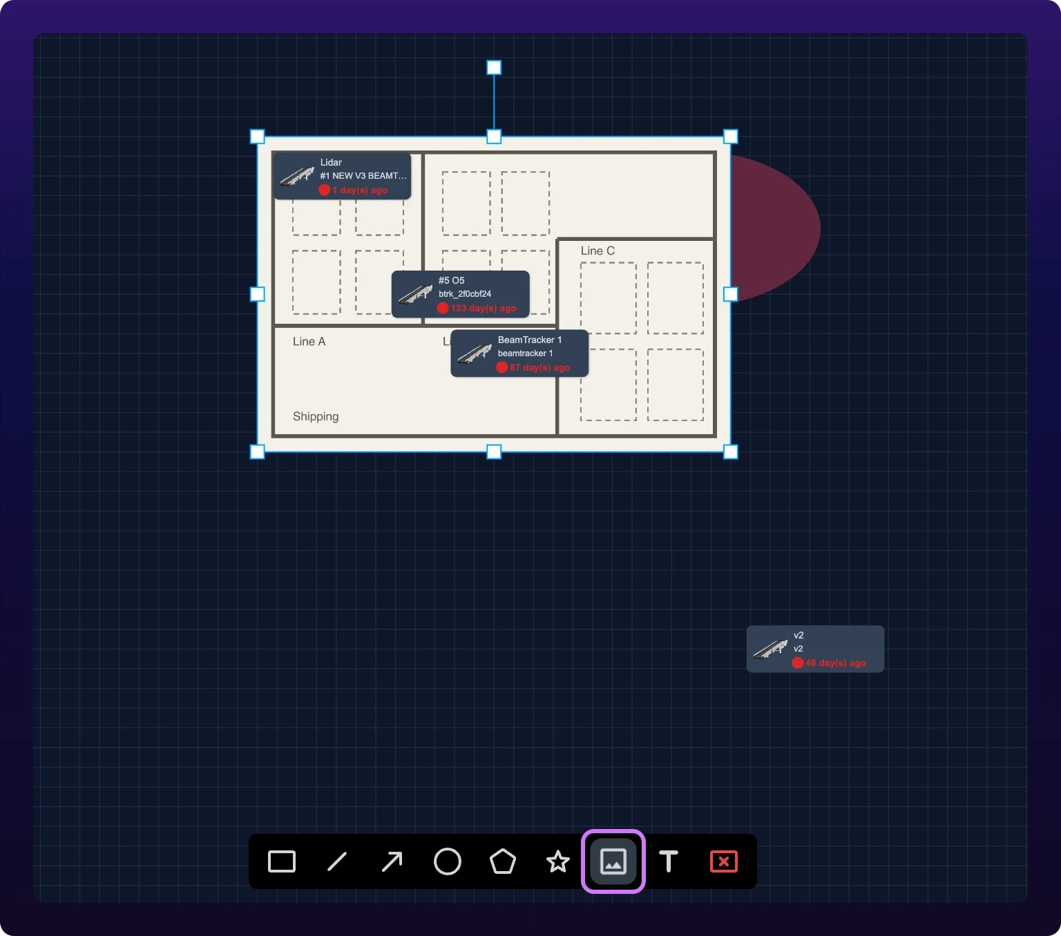 A floor-plan drawing placed on the canvas with its corner handles showing, and the image button highlighted in the toolbar at the bottom of the screen