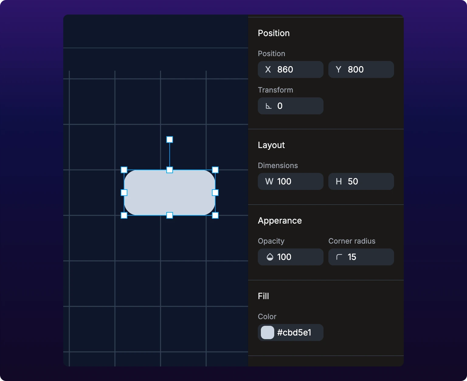 A selected rectangle on the canvas with the property drawer open at the right, showing the Position, Transform, Dimensions, Appearance and Fill sections with X, Y, rotation, W, H, opacity, corner radius and a color swatch