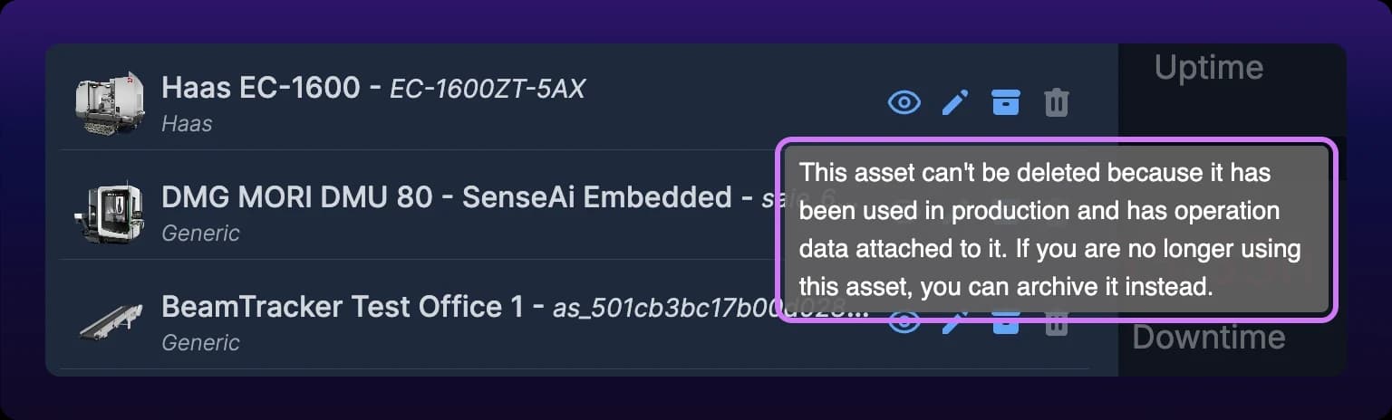 A grayed-out Delete control with the tooltip explaining that the asset has operation data attached