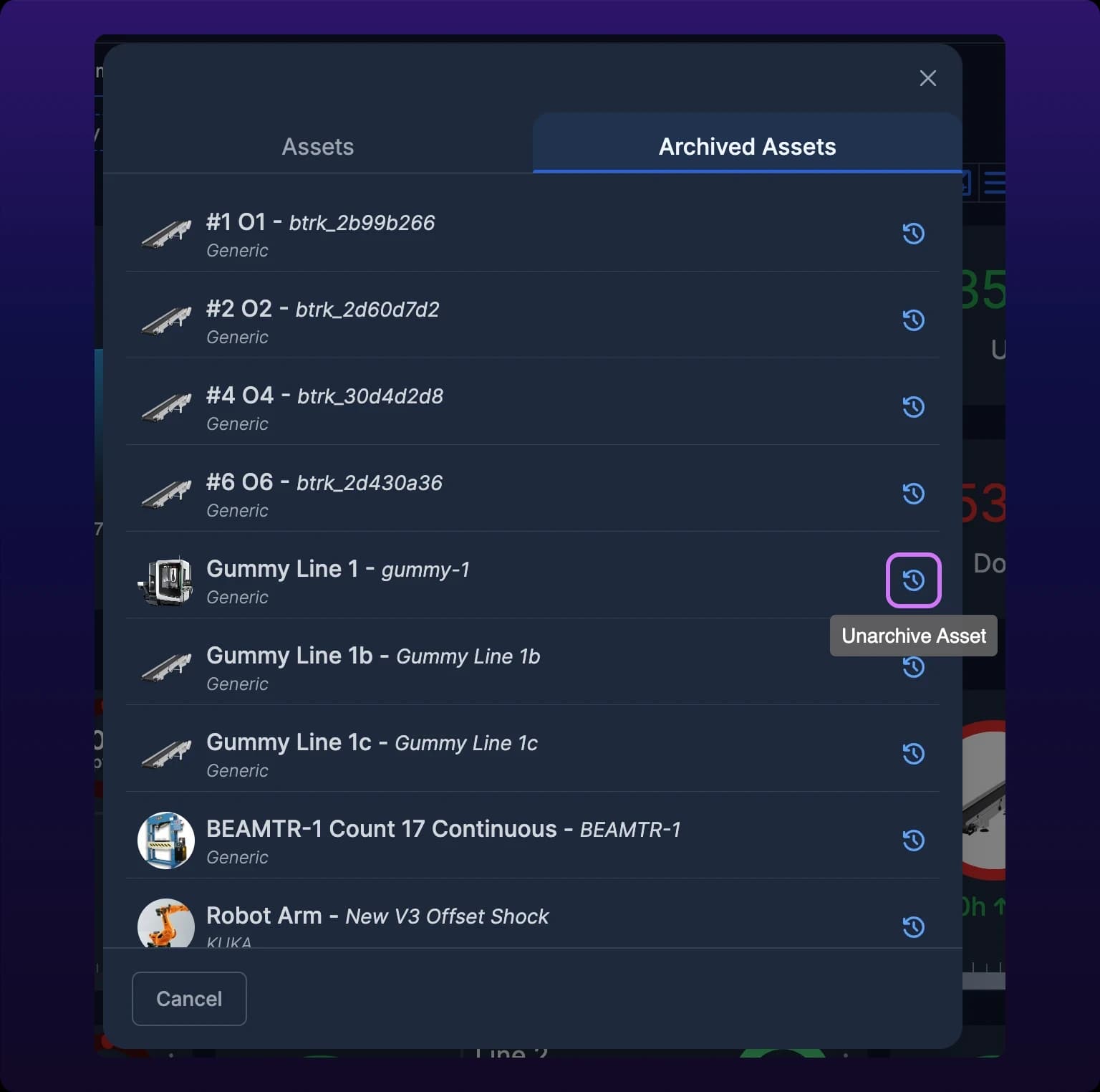 The Archived Assets tab of the Edit Assets modal with one archived machine and its unarchive control