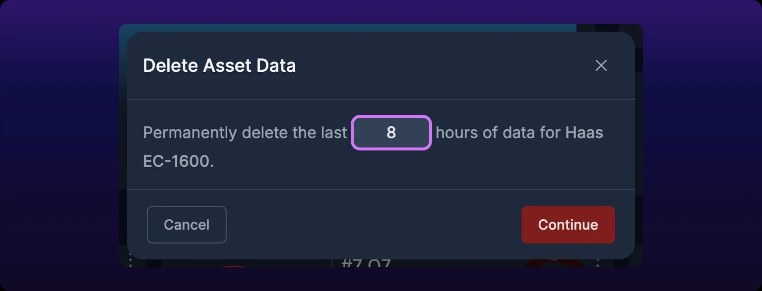 The Delete Asset Data dialog with the hours field filled in