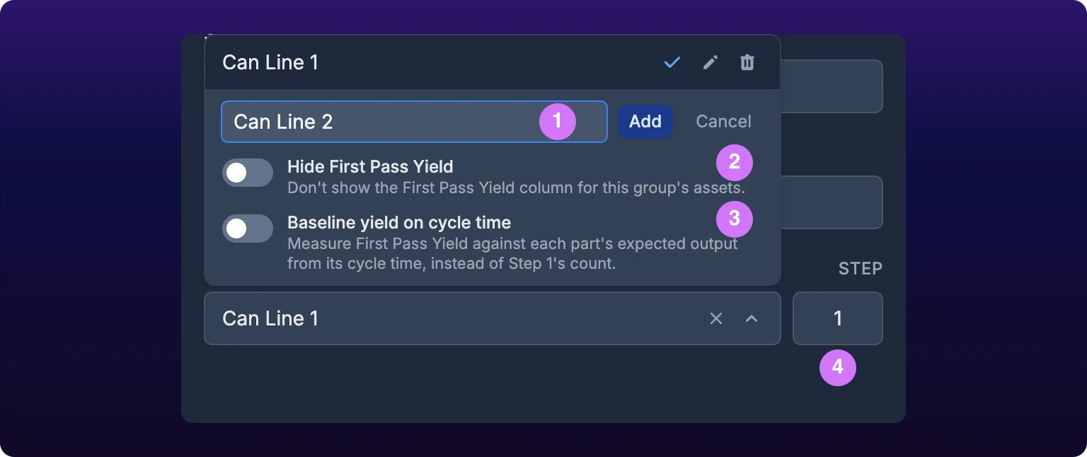 The Edit asset dialog with the Cascading Group dropdown open in create mode: a name field, an Add button, and the toggles Hide First Pass Yield and Baseline yield on cycle time, with the Step field to the right of the dropdown