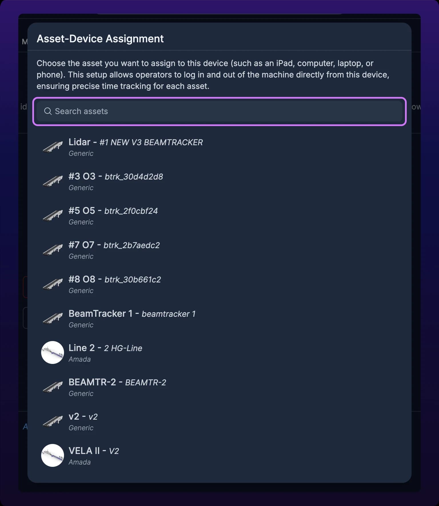 The Assign to Local Device section of Organization Settings with the Asset-Device Assignment dialog open over it, showing a search box reading Search assets above a list of machines, with the asset picker highlighted