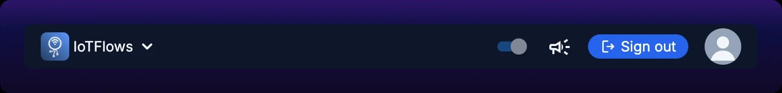 The reduced station header: the organization name at the left, then a dark mode switch, a feedback button, a Sign out button and the user avatar at the right, with no product menu between them