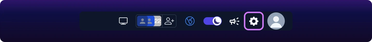 The right end of the standard header showing the notifications bell, the gear icon and the user avatar, with the gear icon highlighted