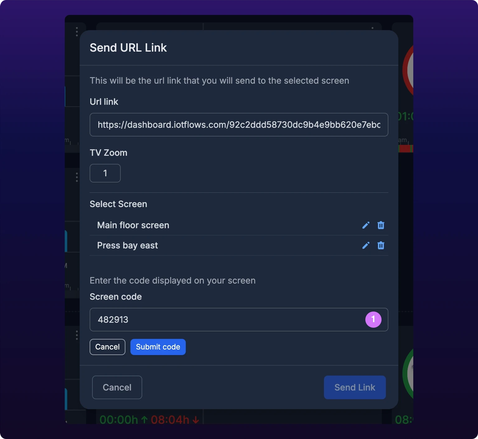 The Send URL Link modal with the Add Screen form open under two paired screens, a numbered callout on the Screen code field holding the six-digit number 482913, and the Submit code button beside a Cancel button